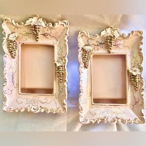 Two Vintage pink porcelain 4x5 frames with decorative golden grapevines.